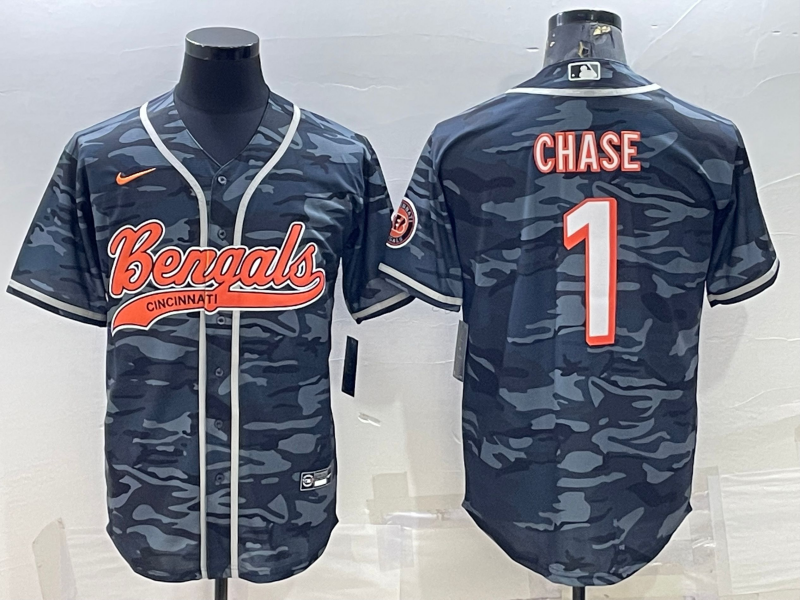 Men's Grey Camo Cincinnati Bengals #1 Ja'Marr Chase With Patch Cool Base Stitched